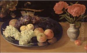 Still Life Of Grapes, Plums And
Apples On A Silver Platter Together With A Vase With Flowers All Resting
On A Ledge by Jacob Fopsen van Es