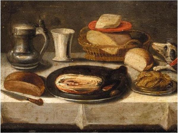 Still Life Of A Pewter Plate
With A Jan Steen Jug, A Cup, A Basket Of Bread, And A Dog On A Table - view 1