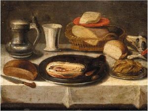 Still Life Of A Pewter Plate 
With A Jan Steen Jug, A Cup, A Basket Of Bread, And A Dog On A Table