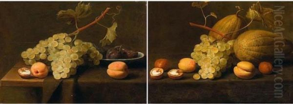 Still Life Of Grapes, Peaches
And A Walnut, Together With Plums In A Blue And White Porcelain Bowl,
Arranged Upon A Partly Draped Stone Ledge - view 1