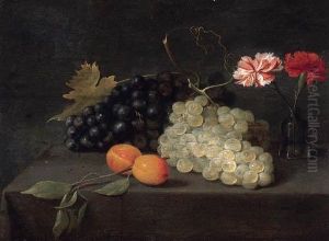 Plums, Grapes And A Vase Of Carnations On A Draped Table by Jacob Fopsen van Es