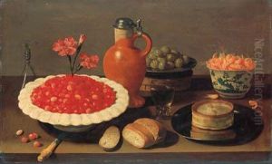 Wild Strawberries In A Porcelain
 Bowl With Carnations, A Stonewareflagon, A Roemer, A Bread Roll, A 
Knife, Green Olives On A Pewterplatter, A Glass, A Pie On A Pewter 
Platter And Shrimps In A Wanlikraak Porselein Bowl On A Wooden Ledge