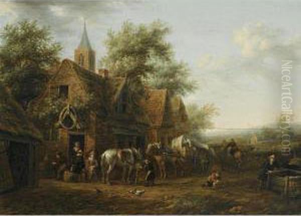 Travellers Resting Outside An Inn, A Boy Tending The Carthorses by Barend Gael or Gaal