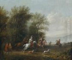 Cacciatori In Partenza Per Una
Battuta Di Caccia Forzata; Cacciatori In Riposo E Cavalieri Davanti Ad
Una Locanda by Barend Gael or Gaal