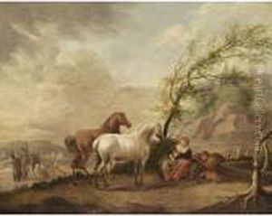 A Landscape With A Woman And Two
Children Resting By A Tree Near A Well, Two Horses Nearby by Barend Gael or Gaal
