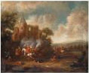 A Cavalry Engagement Before A Ruined Castle