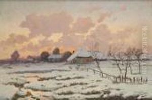 Coucher De Soleil Sur La Chaumiere Enneigee by Joseph Van Genegen