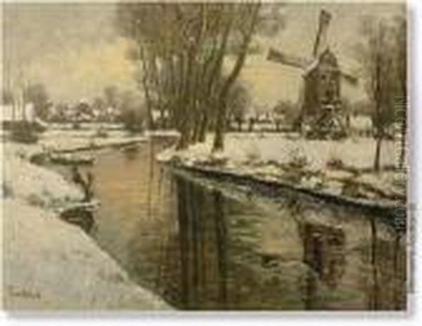 Winter Landscape With Windmill And Village. Canvas. Signed Fr Van Genesen. - view 1