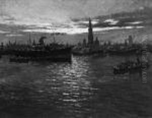 Von "der Hafen Von Antwerpen Im 
Abendlicht". Sign. Und Bez. Anvers . Ol Auf Lwd. 67 X 87 Cm. Rahmen by Franz Van Genesen