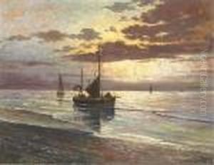 Fishing Vessels In Calm Waters At Dusk by Franz Van Genesen