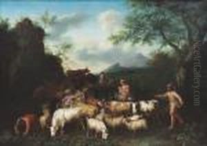Drovers Watering Their Herd At A Stream In A Landscape by Jan van Gool