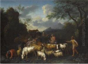 A Mountainous Landscape With Herdsmen And Their Cattle Near A Stream