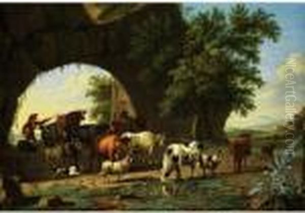 Italienische Fantasielandschaft 
Mit Kuhen, Schafen, Ziegen Und Hirten Unter Einem Steinbogen Mit Blick 
In Die Ferne - view 1