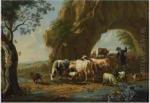 An Italianate River Landscape 
With A Shepherd And His Herd Near Agrotto, A View Of A Town Beyond