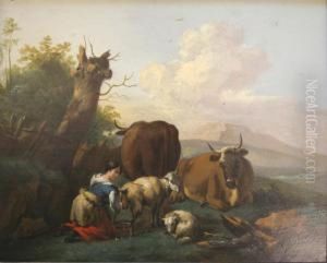A Shepherdess With Cattle And Sheep Oil On Panel 23 X 28.5cm