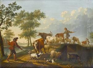 Drovers With Cattle, Sheep And Goats Crossing A Bridge In A River Landscape Drovers With Cattle, Sheep And Goats Crossing A Bridge In A River Landscape