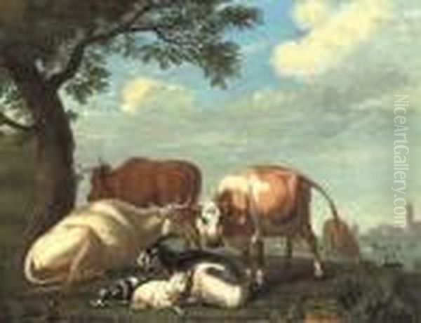 Cows And Goats Resting By A Tree, A Village Beyond - view 1