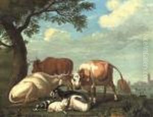 Cows And Goats Resting By A Tree, A Village Beyond