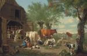 A Farmyard With A Milkmaid And A Herdsman