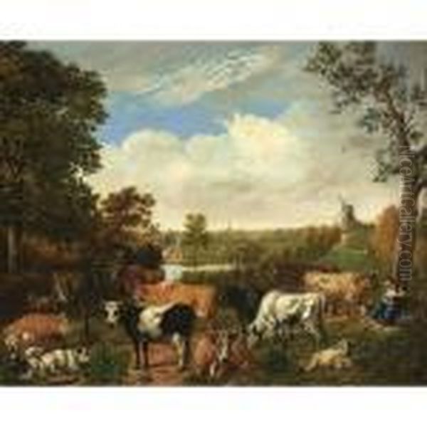 A Wooded Landscape With A
Shepherdess Resting Under A Tree With Sheep, Goats And Cows, Rijswijk
With The Oude Kerk Beyond - view 1