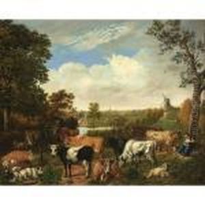 A Wooded Landscape With A
Shepherdess Resting Under A Tree With Sheep, Goats And Cows, Rijswijk
With The Oude Kerk Beyond by Jan van Gool