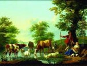 Pastoral Landscape With Livestock And Shepherd Family by Jan van Gool