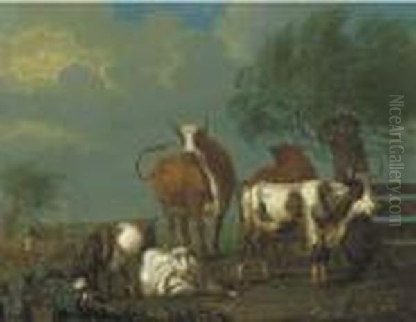 A Pastoral Landscape With Cattle And Goats By A Fence - view 1