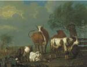 A Pastoral Landscape With Cattle And Goats By A Fence