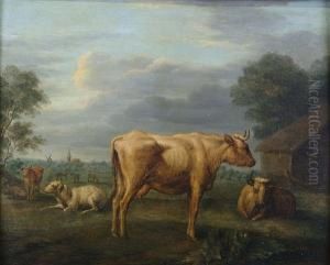 Cattle And A Sheep In A Landscape Before A Barn