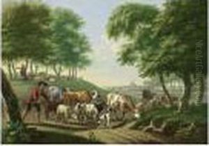 Herdsmen And Their Sheep, Goats 
And Cows In A Hilly Landscape, A Village With A Church Beyond