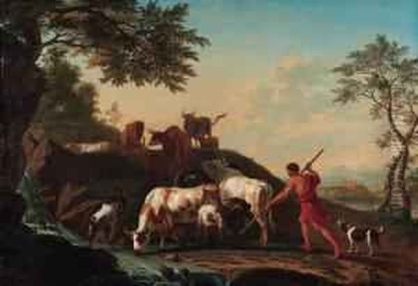 A Herdsman With Cattle And Goats By A Stream; And A Foxhunt - view 1