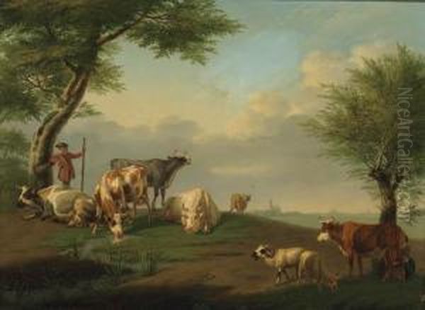 A Herdsman And Cattle With A Milkmaid In A River Landscape - view 1