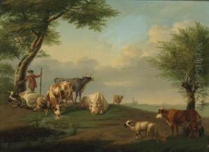 A Herdsman And Cattle With A Milkmaid In A River Landscape