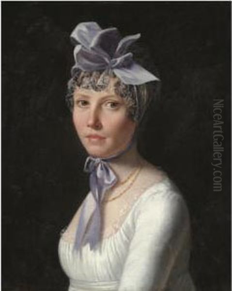 Portrait Of A Lady, Head And Shoulders, Wearing A White Dress Andpurple Hat - view 1