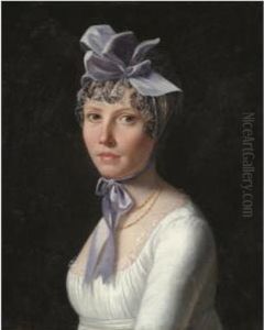 Portrait Of A Lady, Head And Shoulders, Wearing A White Dress Andpurple Hat by Henri Nicolas Van Gorp
