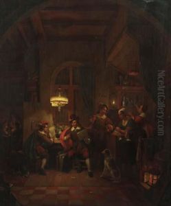 An Artist Showing Designs To A Client In A Candle-lit Tavern