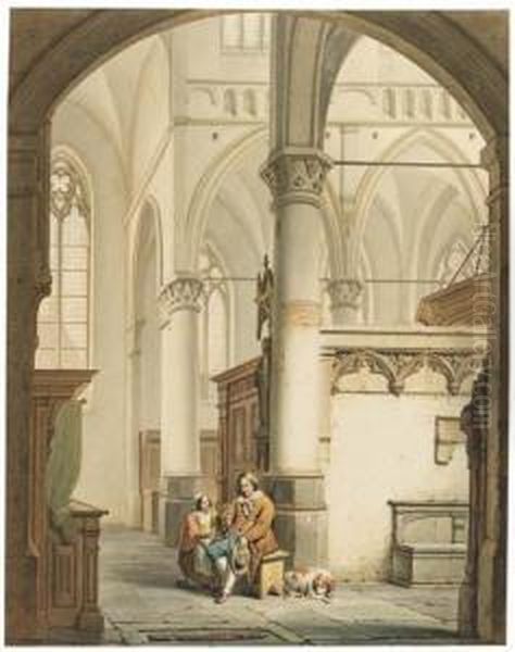 A Father And His Daughter In A Church, A Dog Nearby - view 1