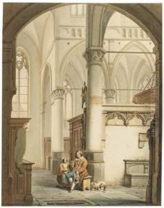 A Father And His Daughter In A Church, A Dog Nearby by George Harvey