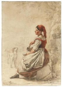 A Woman With A Pitcher And A Bowl, A Dog Looking On