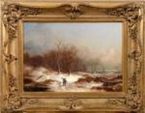 Abendliche Winterlandschaft Mit Reisigsammlern Am Eichenwald Abendliche Winterlandschaft Mit Reisigsammlern Am Eichenwald