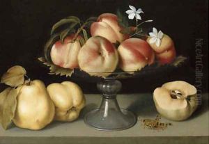 A glass compote with peaches, jasmine flowers, quinces and a grasshopper