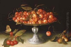 Cherries in a silver compote with crabapples on a stone ledge and a fritillary butterfly by Galizia Fede