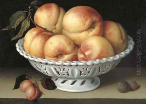 Peaches in a pierced white faience basket by Galizia Fede