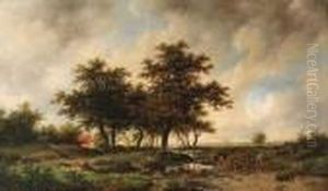 An Extensive Wooded Landscape With Peasants Conversing Near Abrook