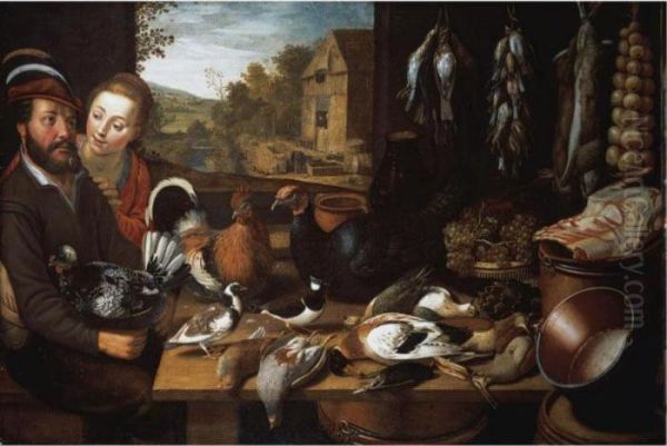 A Larder Still Life, With 
Farmyard Fowl, A Turkey, Pigeons, A Plover, Duck, A Starling, Partridge 
And Snipe, With Game And Songbirds And Rabbits Suspended From Nails, A 
Rib Of Beef, Grapes And An Artichoke, With Copper Pans, Watched By A 
Couple Se - view 1
