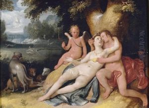 Venus And Adonis With Cupid In A Landscape by Cornelis Cornelisz Van Haarlem