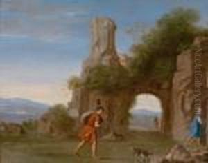 Arkadische Landschaft Mit Einer Felsenkulisse Und Figurenstaffage Im Vordergrund