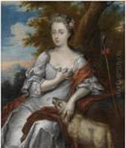 Portrait Of A Young Lady As A 
Shepherdess, Seatedthree-quarter-length, Wearing A White Dress, A Lamb 
And Staff Byher Side