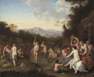 A Bacchanal With Nymphs And Satyrs Dancing And Making Music In Awooded Landscape by Jan van Haensbergen