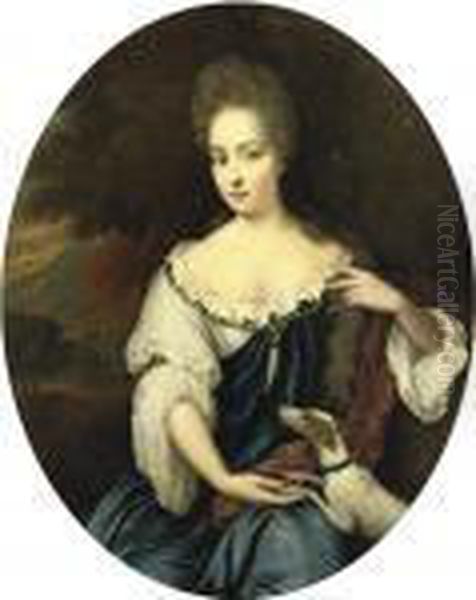 Portrait Of A Lady,
Three-quarter-length, In A Blue Dress With Awhite Chemise And A Crimson
Wrap With A Dog By Her Side - view 1